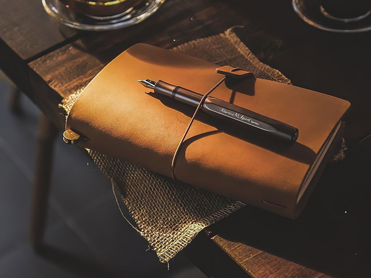 An open notebook filled with handwriting beside a cup of coffee on a wooden table